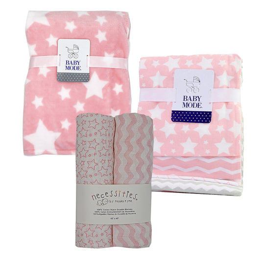Baby Mode Baby Boys and Baby Girls Stars 7 Piece Baby Blanket Gift Set, Pink