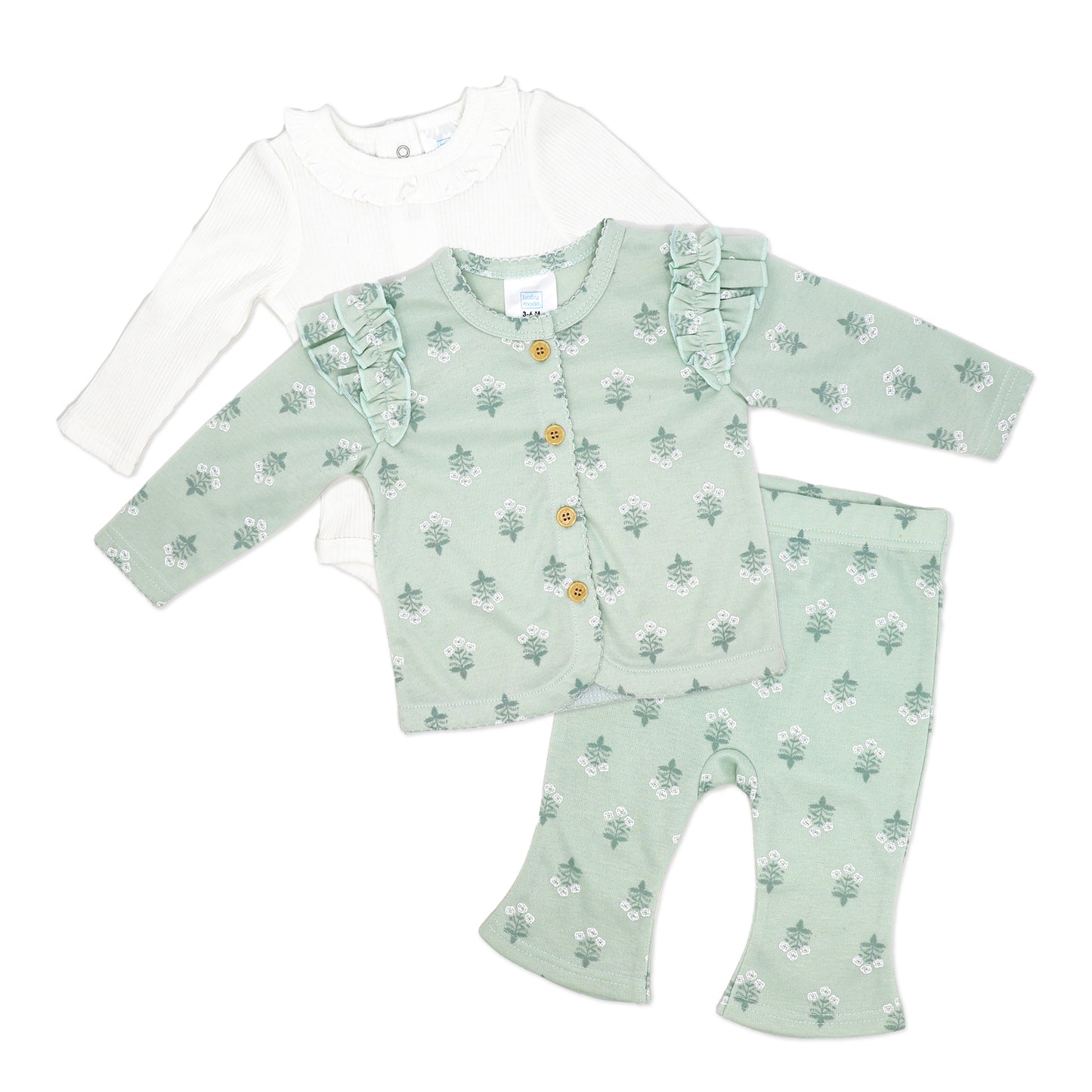 Baby Mode Girls 3 Piece Sage Bell Pants and Jacket Set, 3-6M