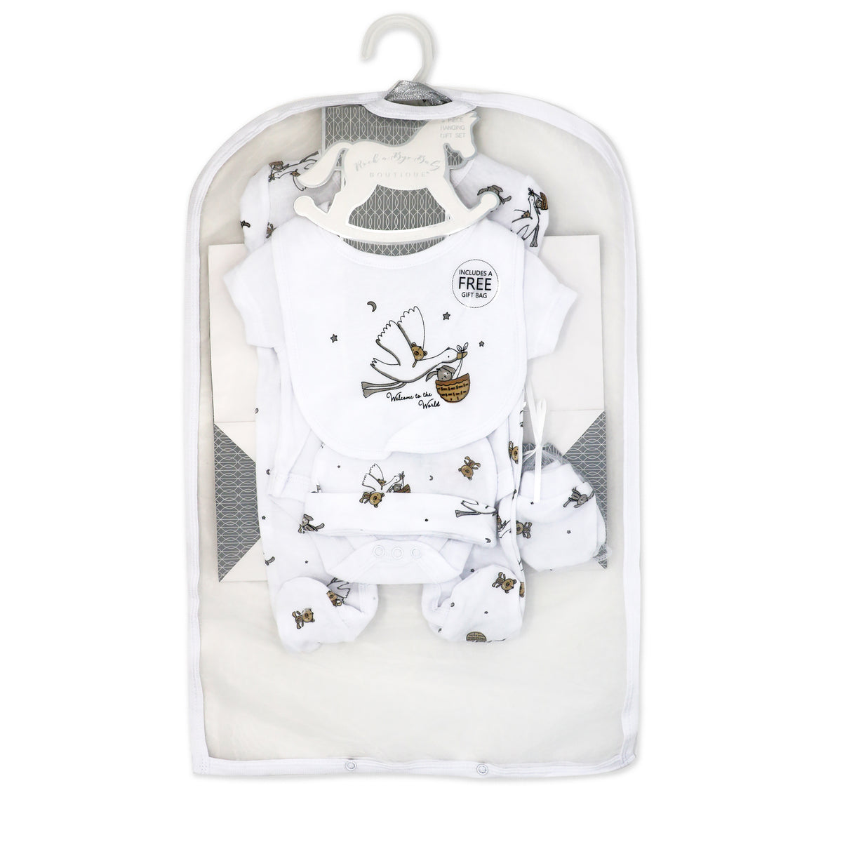 Rock A Bye Baby Boutique Baby's Stork 5 Pc Layette Gift Set 0-3M