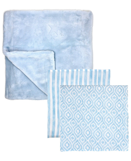 Amor Bebe Baby Boys and Baby Girls 3 Piece Luxury Plush Baby Blanket Gift Set, Blue