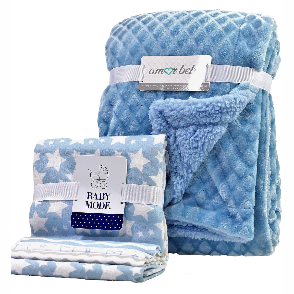 Baby Mode Baby Girl Plush Blanket and 4 Flannel Receiving Blankets Gift Set, Blue