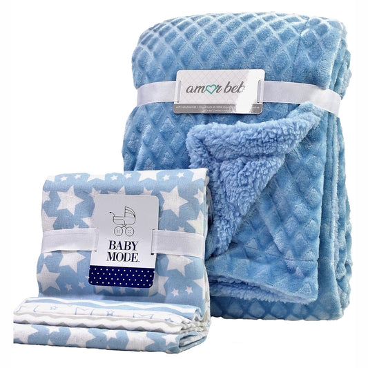 Baby Mode Baby Girl Plush Blanket and 4 Flannel Receiving Blankets Gift Set, Blue