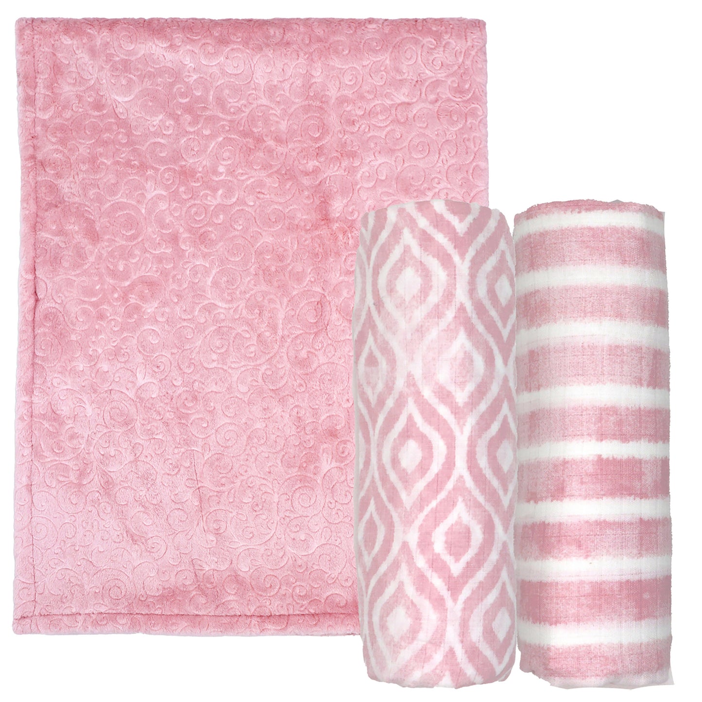 3 Stories Trading Company Baby Boys and Baby Girls 3 Piece Embossed Baby Blanket Gift Set, Coral