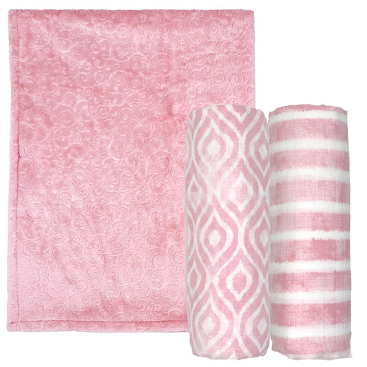 3 Stories Trading Company Baby Boys and Baby Girls 3 Piece Embossed Baby Blanket Gift Set, Coral