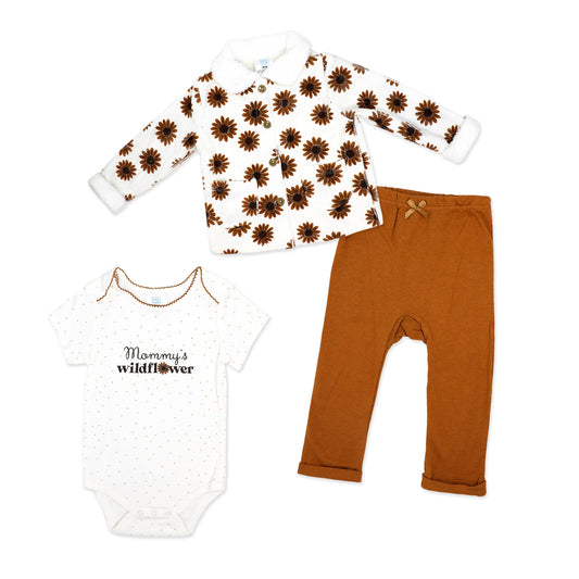 Baby Mode Baby Girls 3 Piece Wildflower Bodysuit, Jacket and Pants Set, 6-9M