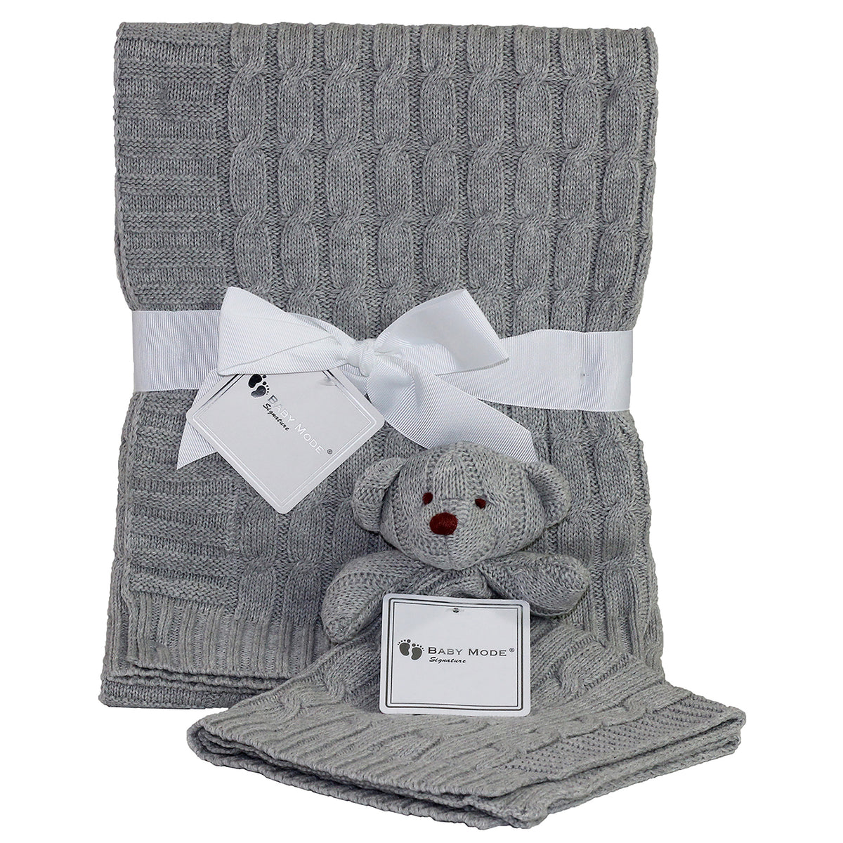 Baby Mode Signature Baby Cable Knit Baby Blanket Gift Set, Gray