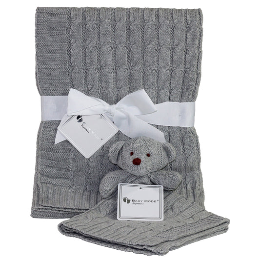 Baby Mode Signature Baby Cable Knit Baby Blanket Gift Set, Gray