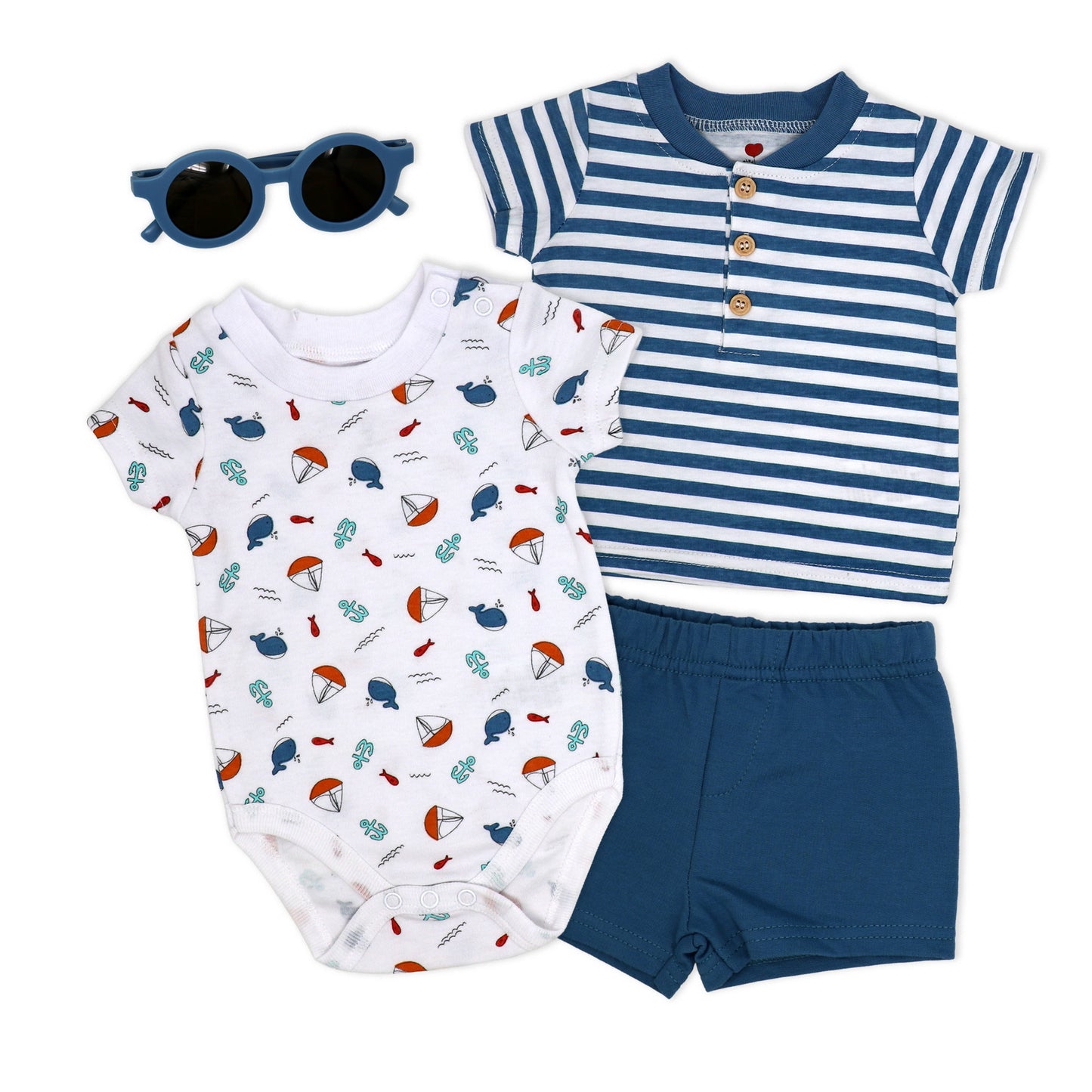 Mini Hop Baby Boys 4 Piece Whales and Ships Bodysuit, Polo Shirt, Shorts and Sunglasses Set, 3M