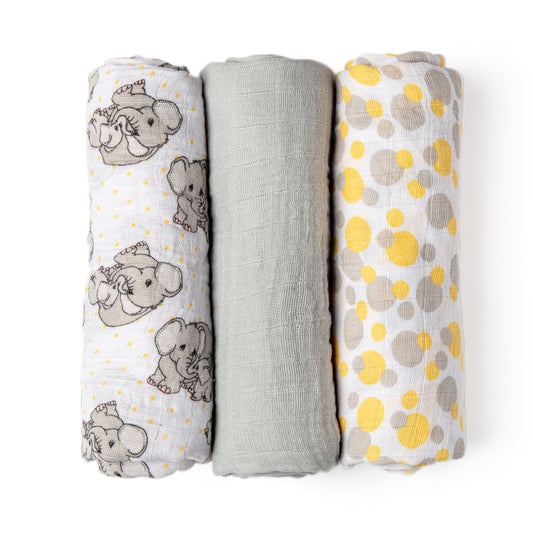 Precious Moments Baby Boys and Baby Girls 3 Piece Coordinating Precious Moments Muslin Swaddle Blankets, Yellow