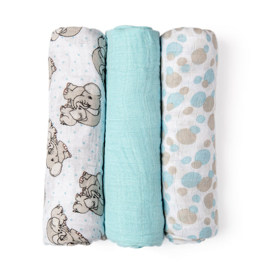 Precious Moments Baby Boys and Baby Girls 3 Piece Coordinating Precious Moments Muslin Swaddle Blankets, Blue