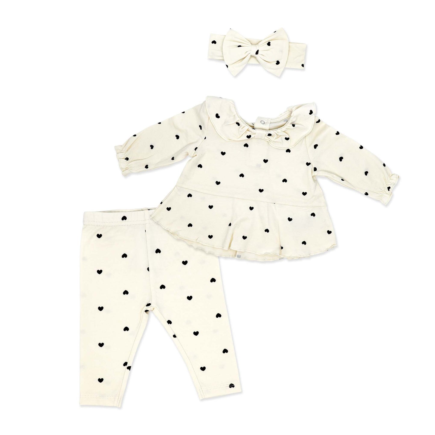 Baby Mode Baby Girls Tiny Hearts 3 Piece Top, Leggings, and Headband Set, 6M