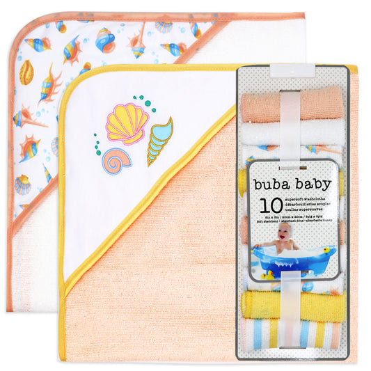 Buba Baby 2 Pack Hooded Baby Bath Towels with 10 Matching Washcloth Set, Shells