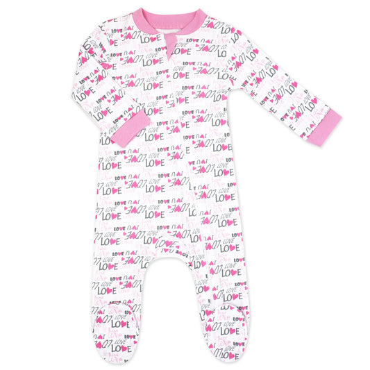 Baby Mode Baby Girls 100% Cotton Pink Love Zippered Footie 0-3M