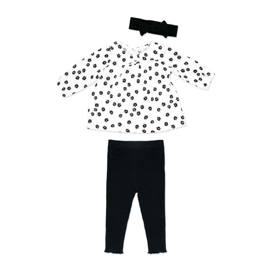 Baby Mode Baby Girls 3 Piece Black Petals Breezy Smock Top, Leggings and Headband Set, 0-3M
