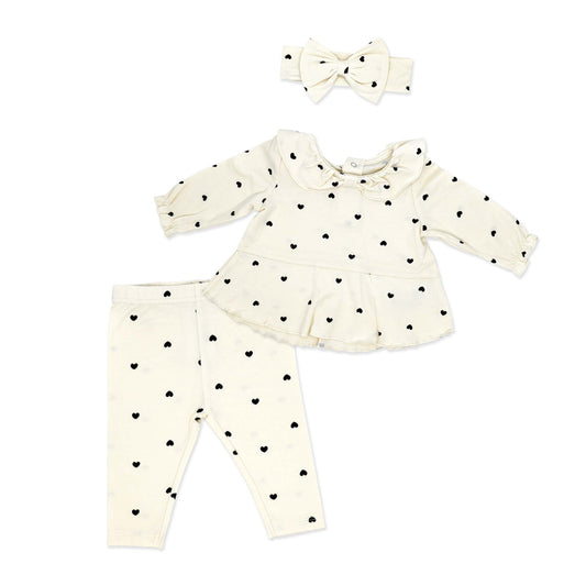 Baby Mode Baby Girls Tiny Hearts 3 Piece Top, Leggings, and Headband Set, 12M