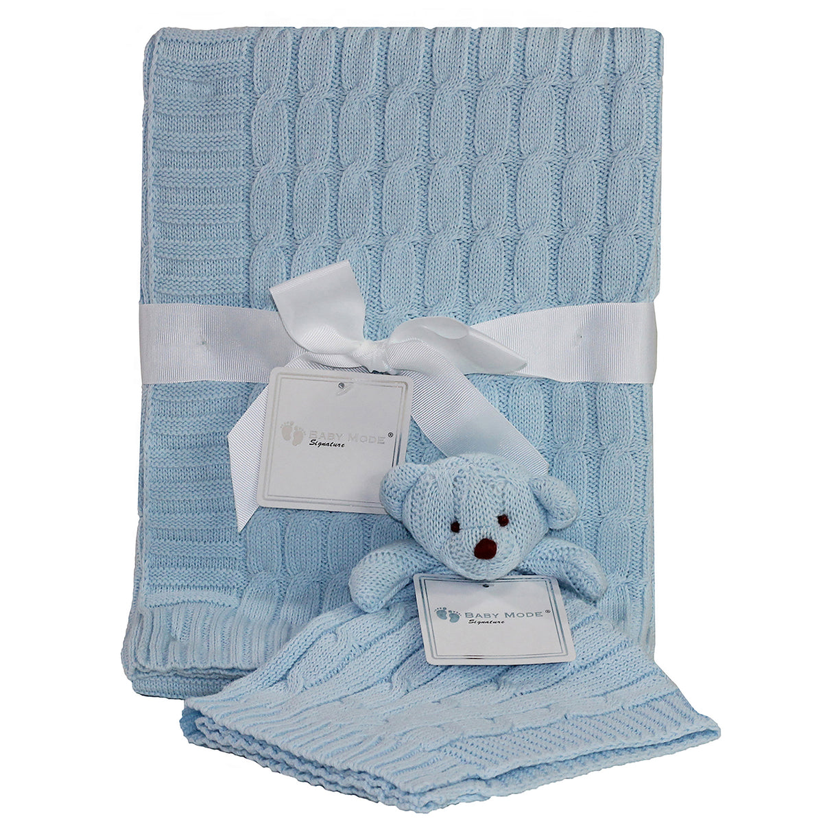 Baby Mode Signature Baby Cable Knit Baby Blanket Gift Set, Blue