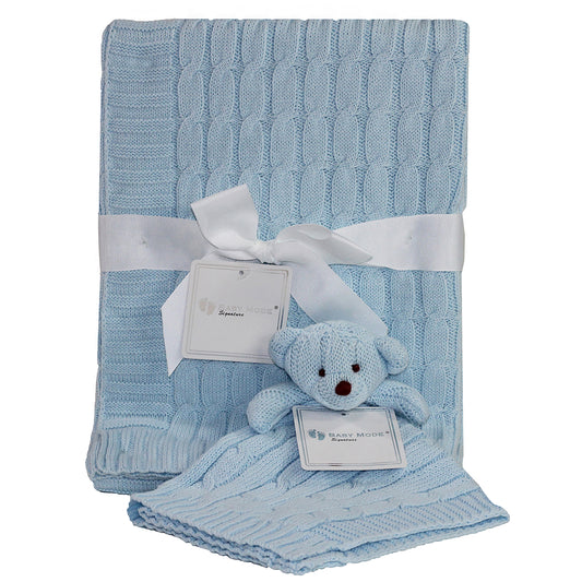 Baby Mode Signature Baby Cable Knit Baby Blanket Gift Set, Blue