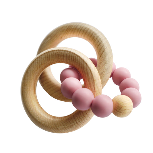 Tiny Teethers Designs Baby Boys and Baby Girls Silicone and Beech Wood Baby Rattle and Teether, Rose