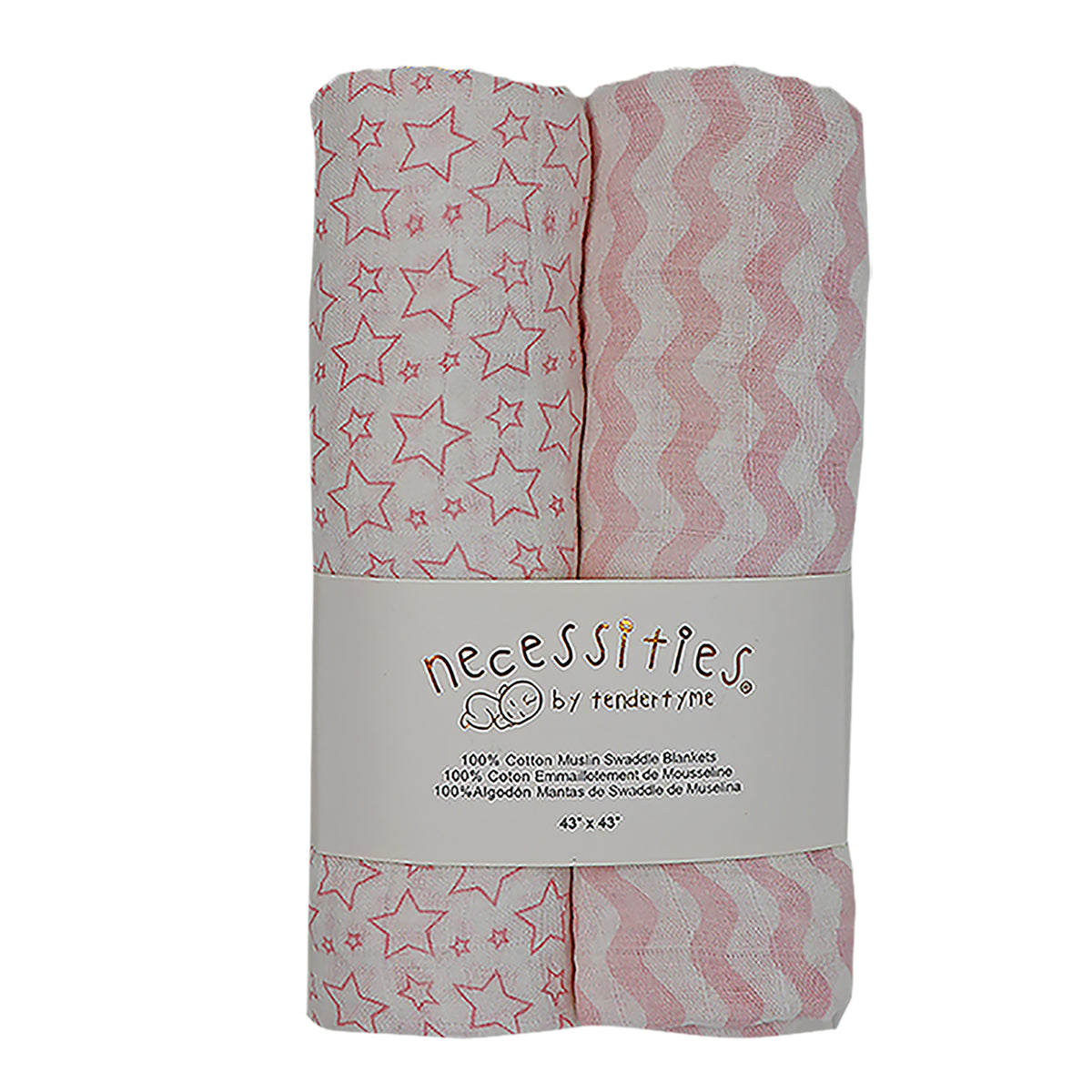 necessities by tendertyme 2 Pack Cotton Muslin Baby Swaddle Blankets, Pink Stars