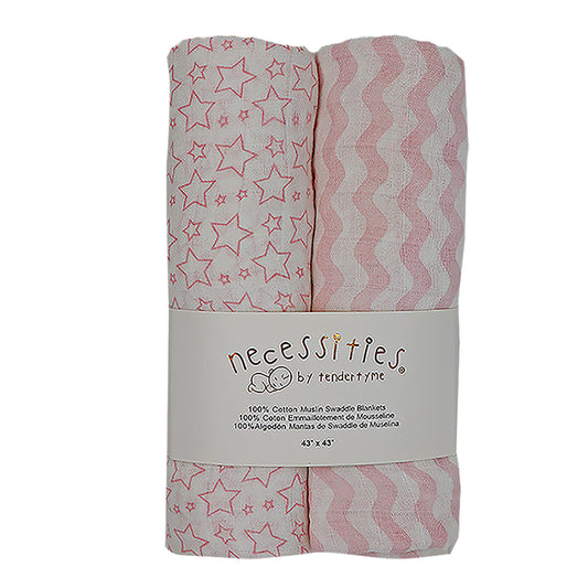 necessities by tendertyme 2 Pack Cotton Muslin Baby Swaddle Blankets, Pink Stars