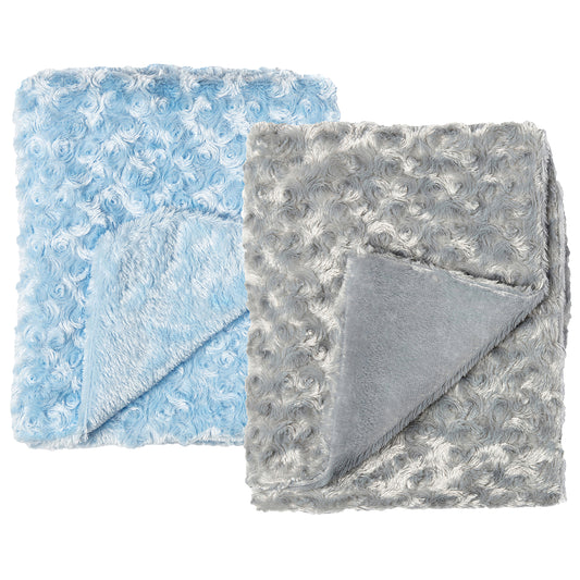 Baby Mode Baby Boys and Baby Girls 2 Pack Curly Plush Baby Blankets, Blue and Gray