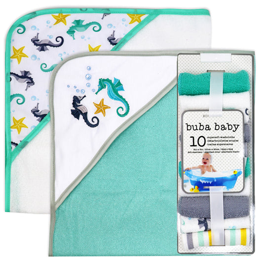 Buba Baby 2 Pack Hooded Baby Bath Towels with 10 Matching Washcloth Set , Seahorse