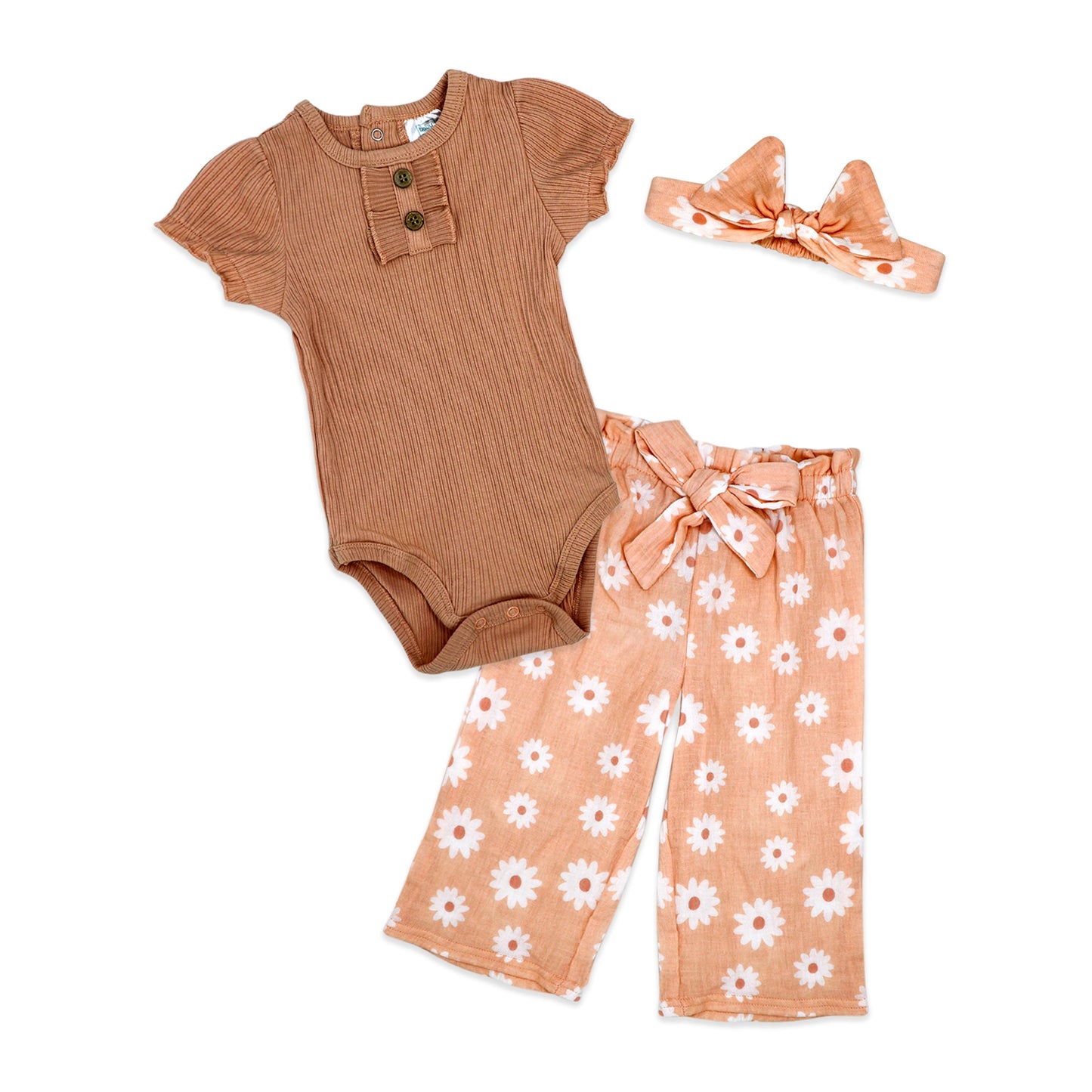 Baby Mode Baby Girls 3 Piece Breezy Daisy Bodysuit, Pants and Headband Set, Peach, 18M