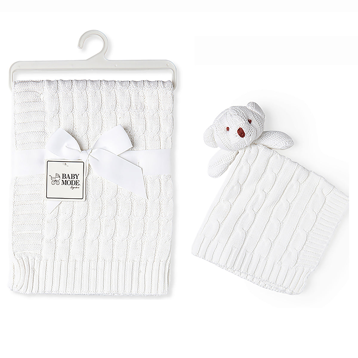 Baby Mode Signature Baby Cable Knit Baby Blanket Gift Set, White