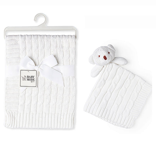 Baby Mode Signature Baby Cable Knit Baby Blanket Gift Set, White
