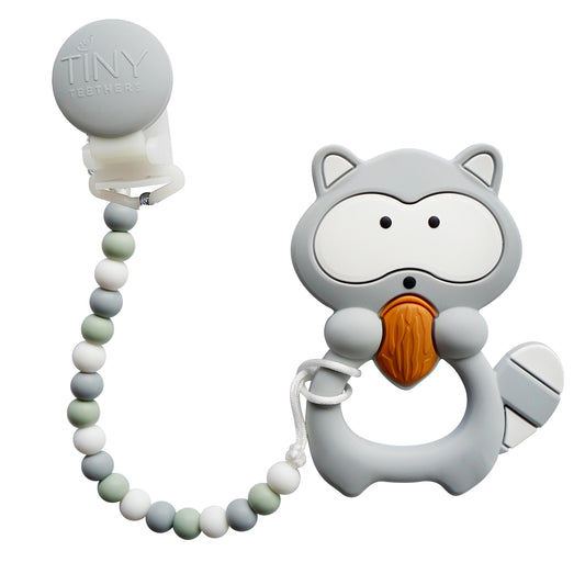 Tiny Teethers Designs Baby Boys and Baby Girls Silicone Pacifier Clip with Removable Teether, Raccoon