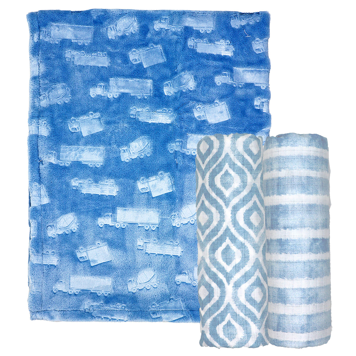 3 Stories Trading Company Baby Boys and Baby Girls 3 Piece Embossed Baby Blanket Gift Set, Blue Trucks