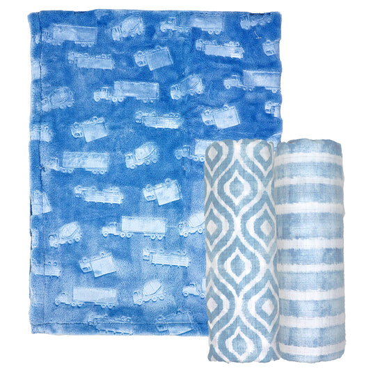 3 Stories Trading Company Baby Boys and Baby Girls 3 Piece Embossed Baby Blanket Gift Set, Blue Trucks