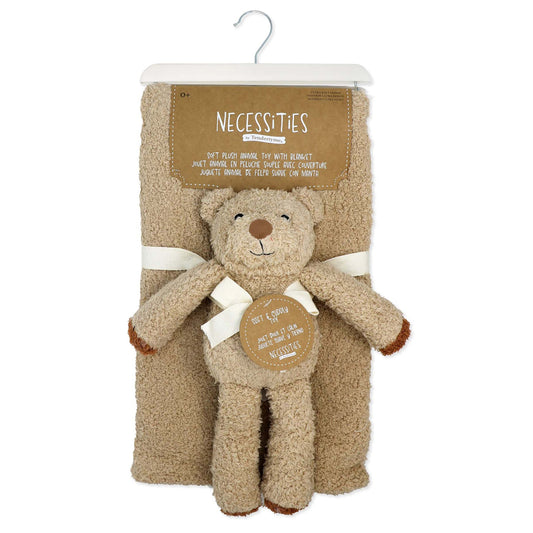 necessities by tendertyme Baby Boys or Baby Girls Chenille Blanket with Bear Gift Set, Tan