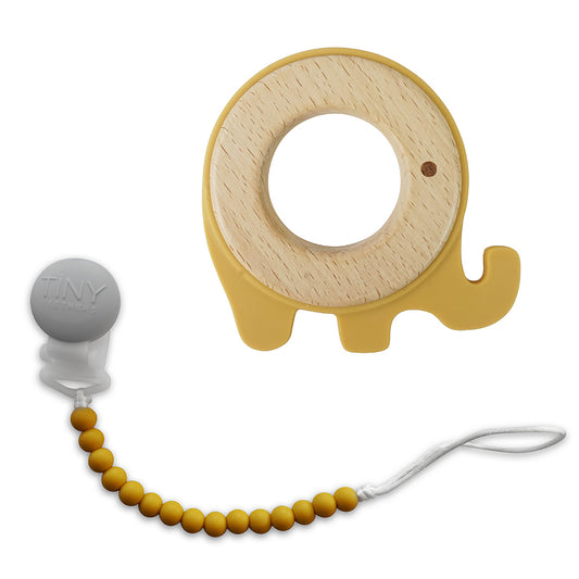 Tiny Teethers Designs Baby Boys and Baby Girls Silicone and Beechwood Teether with Matching Pacifier Clip, Yellow Elephant
