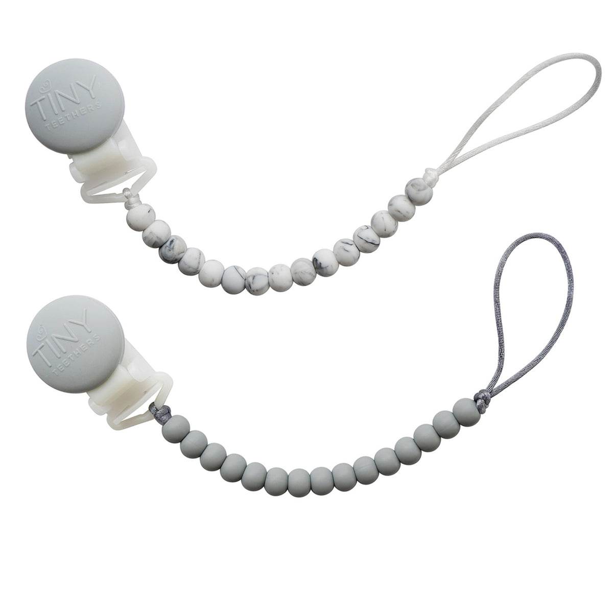 Tiny Teethers Designs Baby Boys and Baby Girls 2 Pack Signature Silicone Teether Beaded Pacifier Clip, Gray & Marble