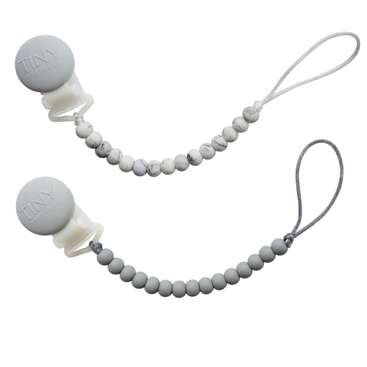 Tiny Teethers Designs Baby Boys and Baby Girls 2 Pack Signature Silicone Teether Beaded Pacifier Clip, Gray & Marble