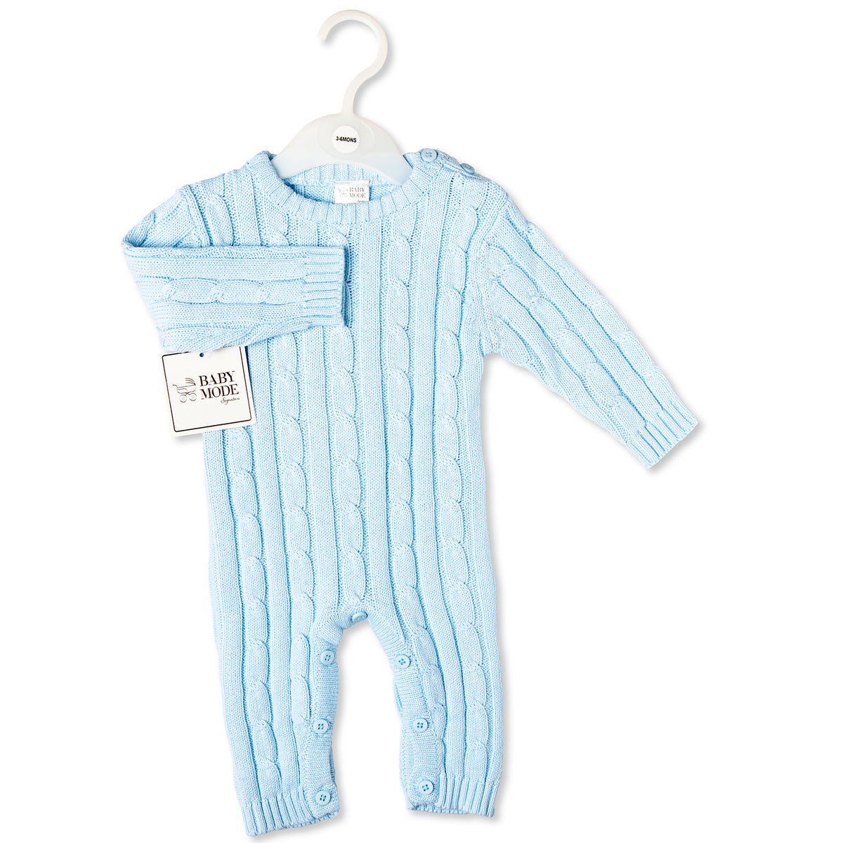 Baby Mode Signature Baby Boys and Baby Girls Long Sleeved Blue Cable Knit Romper, 6-9M