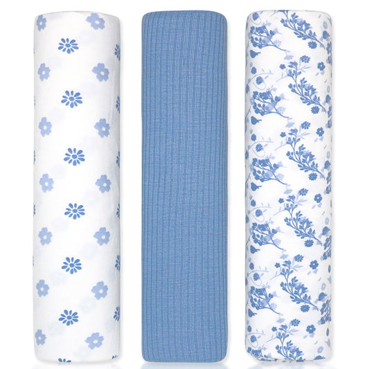 Baby Mode Signature Baby Boys and Baby Girls 3 Piece Knit Swaddle Blankets, Blue Floral