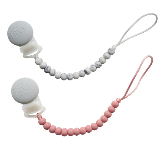 Tiny Teethers Designs Baby Boys and Baby Girls 2 Pack Signature Silicone Teether Beaded Pacifier Clip, Pink & Marble