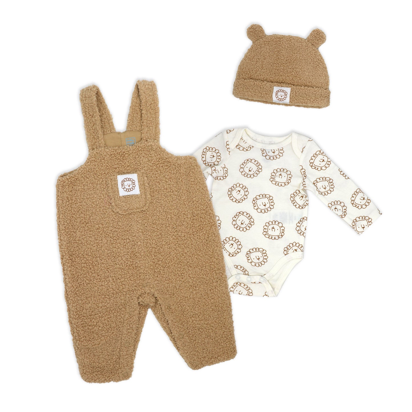 Baby Mode Baby Boys 3 Piece Faux Sherpa Lions Overall, Bodysuit, and Cap Set, 6M
