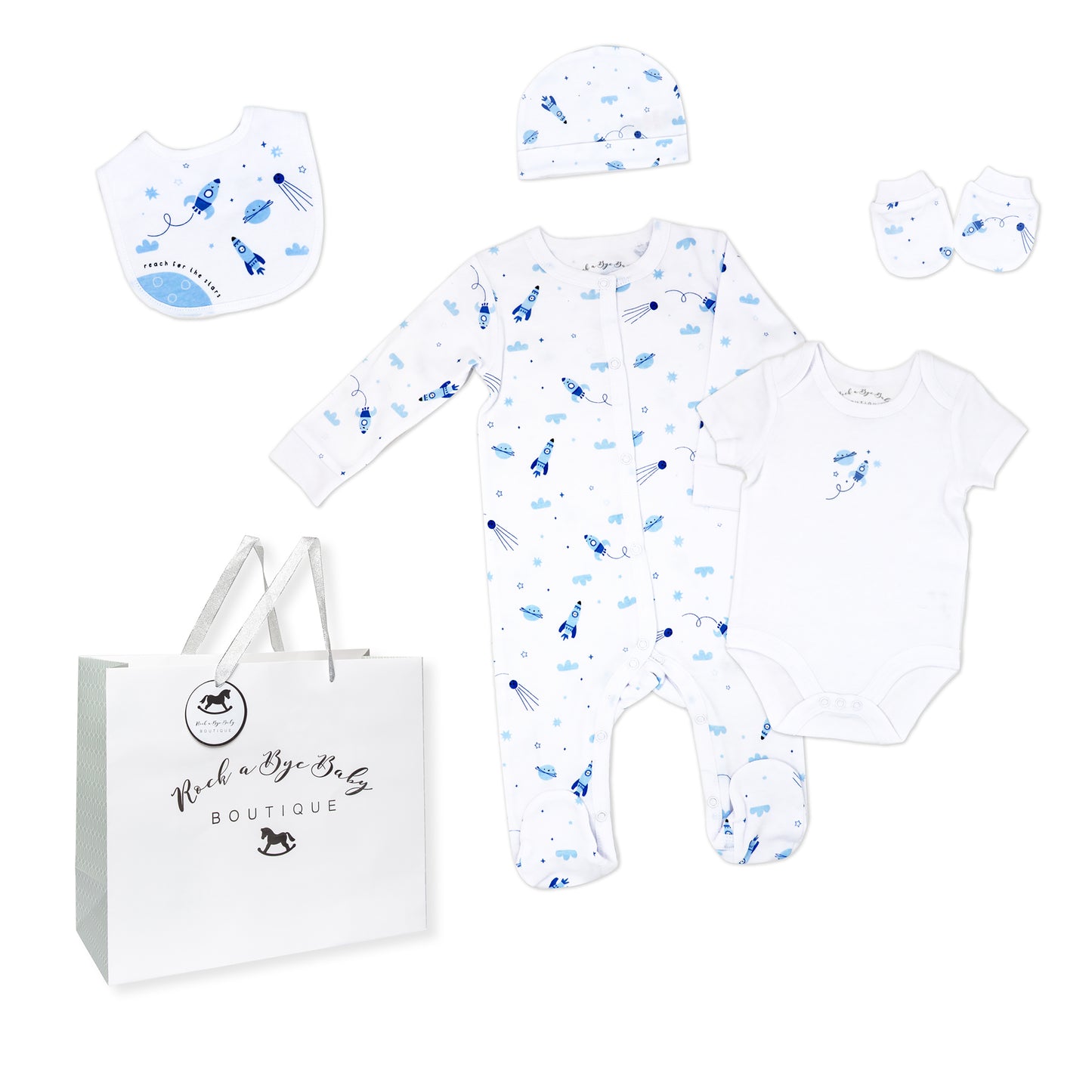 Rock A Bye Baby Boutique Baby Boys Rocket Ships Layette, 5 Piece Set, 3-6M
