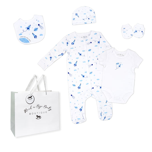 Rock A Bye Baby Boutique Baby Boys Rocket Ships Layette, 5 Piece Set, 3-6M