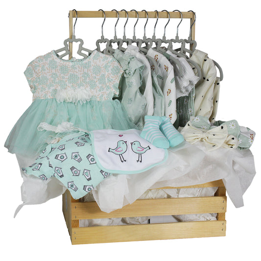 3 Stories Trading Company 29 Piece Baby Girls First Years Baby Shower Gift Crate, Shades of Green