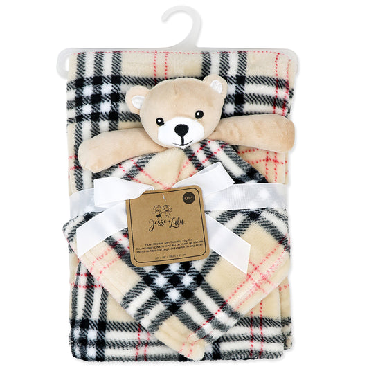 Baby Mode Baby Boys and Baby Girls Plaid Plush Blanket with Nunu Lovey Toy, Tan Plaid
