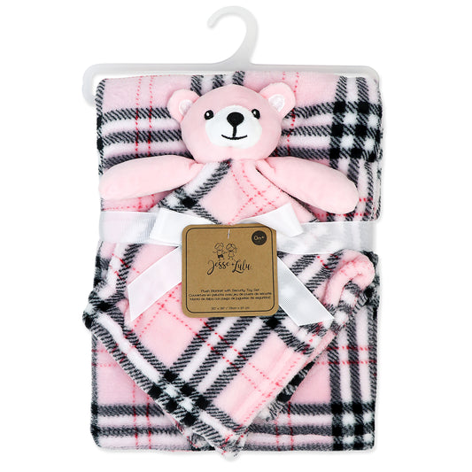 Baby Mode Baby Boys and Baby Girls Plaid Plush Blanket with Nunu Lovey Toy, Pink Plaid