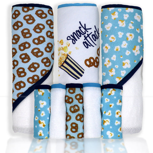 necessities by tendertyme 8 Piece Hooded Bath Towel and Washcloth Set, Pretzels