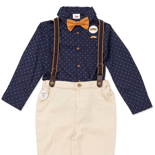 Little Gent Toddler Boys 4 Piece Navy and Khaki Suspender and Bowtie Set, 3T
