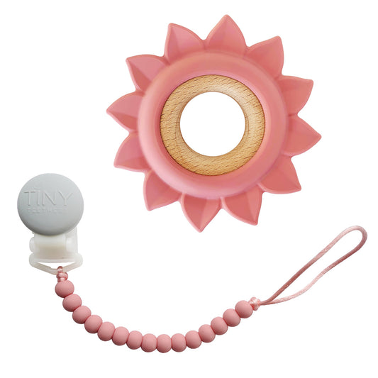 Tiny Teethers Designs Baby Boys and Baby Girls Silicone and Beechwood Teether with Matching Pacifier Clip, Pink Flower