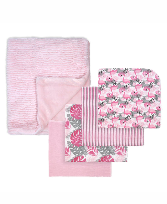 Tendertyme Baby Boys and Baby Girls Tropical Islands 5 Piece Baby Blanket Gift Set, Pink