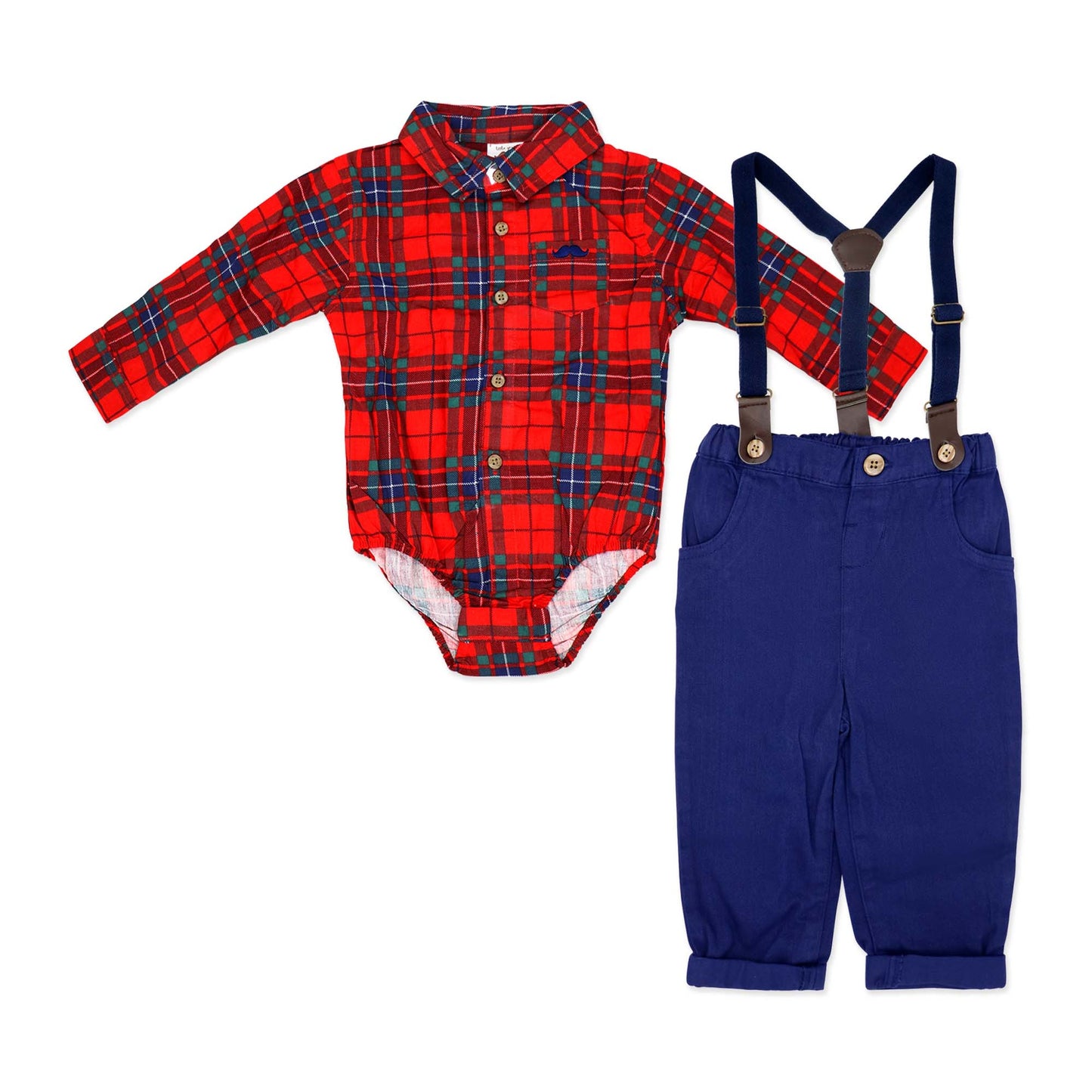 Little Gent Toddler Boys 4 Piece Red Plaid Suspender and Bowtie Set, 18M